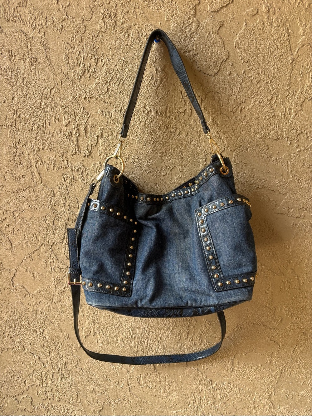 STEVE MADDEN Stud-Trim Denim Shoulder Bag - Blue